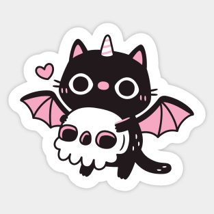 Cute Flying Demon Black Cat Holding Skull Sticker